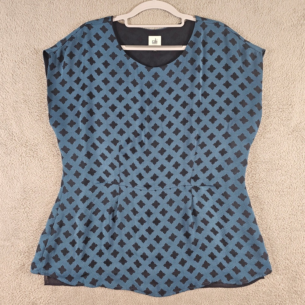Cabi Blue Black Geometric Diamond Print Sleeveless Blouse Top Womens Medium